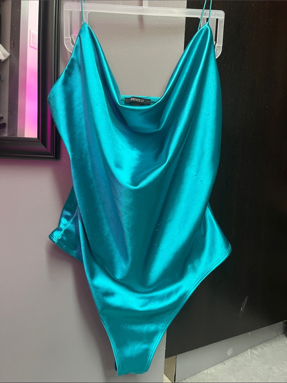 Forever 21 Teal Satin Cowl Neck Camisole Bodysuit